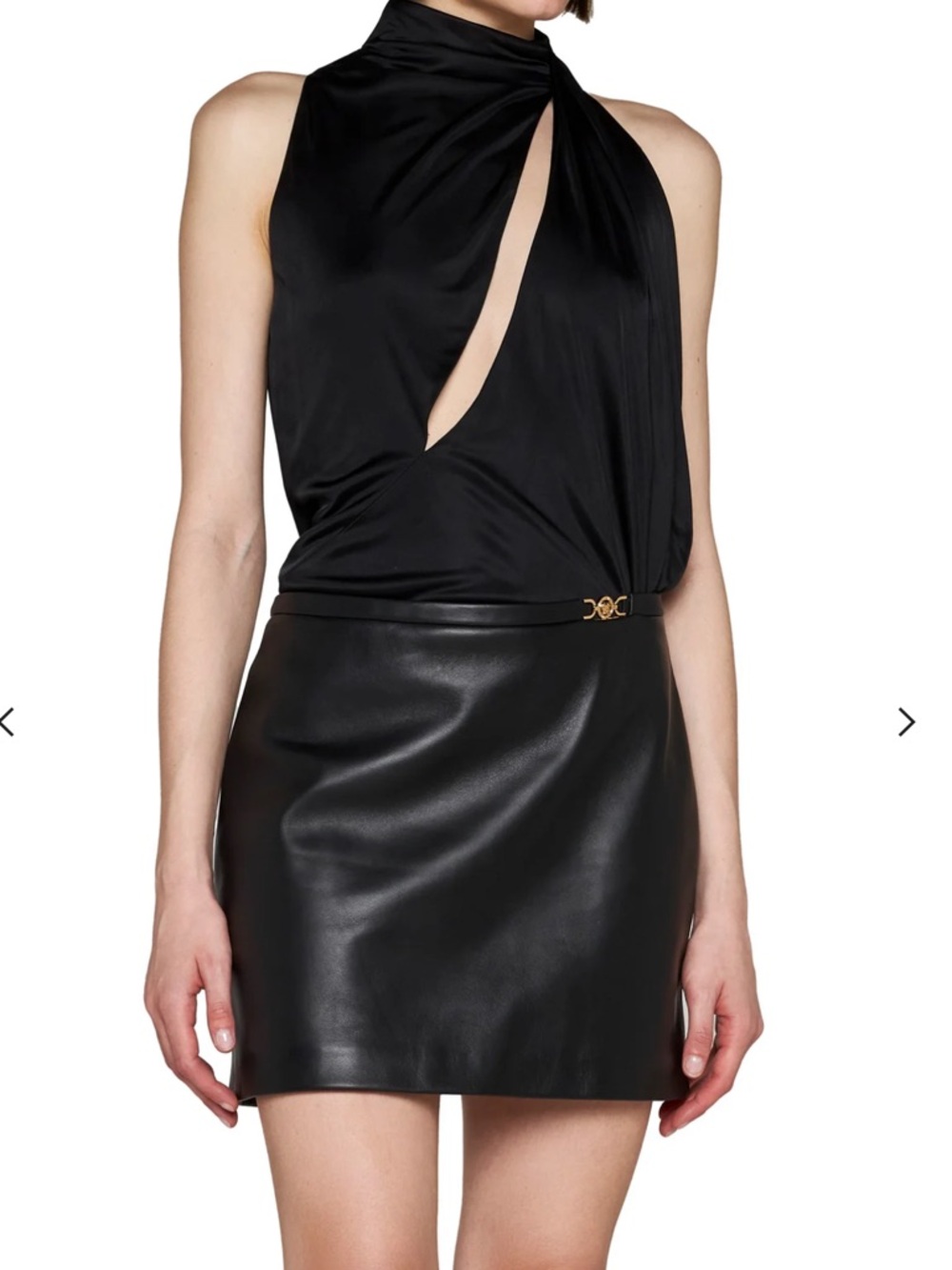 Versace Black Leather Mini Skirt with Gold Medusa Buckle